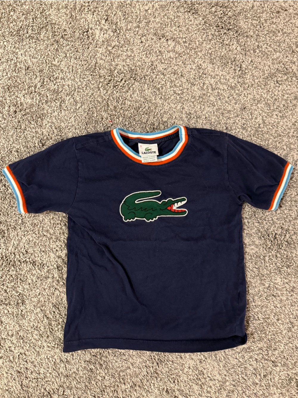 Lacoste Navy Tee with Green Crocodile and Orange Trim